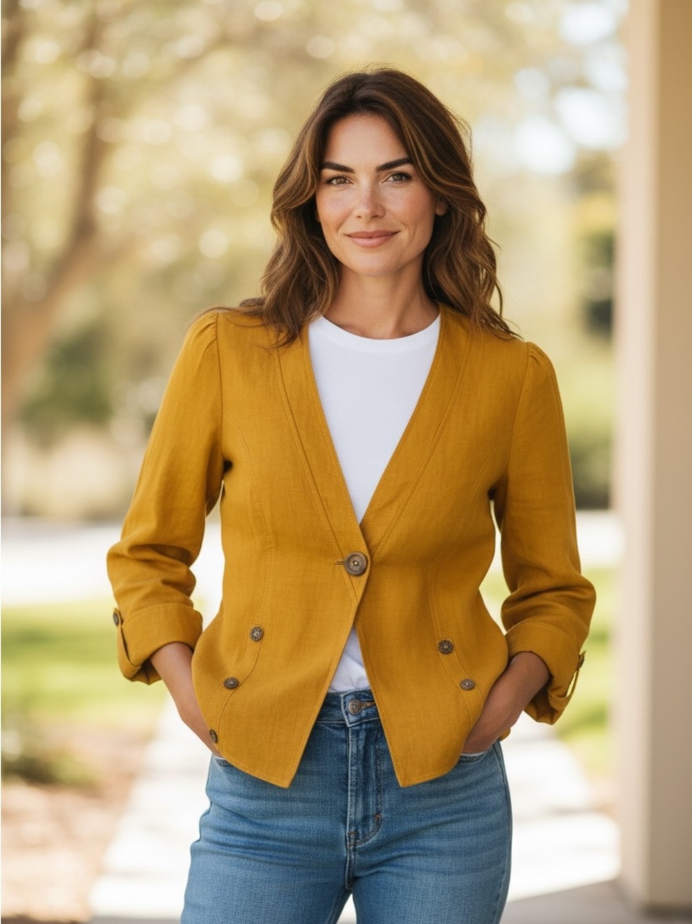 Maloka Mustard Linen Single-Button Blazer Polished Detailing Summer Office Dine